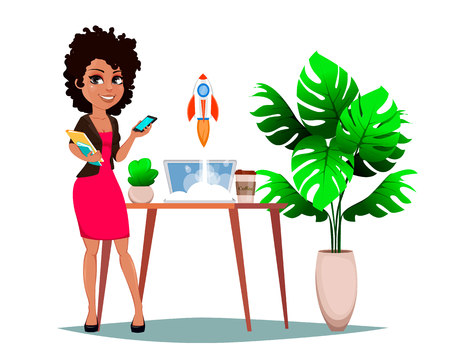 Beautiful business woman standing near table with laptop, plant and coffee. Cheerful businesswoman cartoon character. Business startup concept. Vector illustration.のイラスト素材