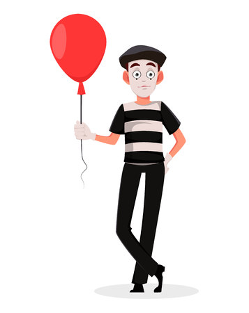 Mime cartoon character holding red air balloon. Flat style. Usable for April Fool's Day. Vector illustration isolated on white background.のイラスト素材