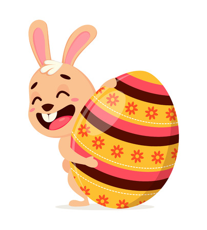 Happy Easter greeting card. Cute rabbit cartoon character standing behind big colored egg. Easter, spring concept. Vector illustration on white background.のイラスト素材
