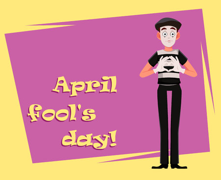 April Fool's Day greeting card with mime making a heart shape with his hands. Funny cartoon character performing pantomime. Flat style. Vector illustrationのイラスト素材