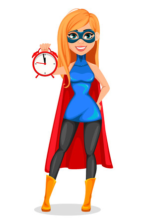 Business woman superhero. Concept of successful woman wearing superhero costume. Beautiful cartoon character holding alarm clock. Vector illustration on white background.のイラスト素材