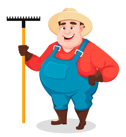 Fat farmer, agronomist. Funny gardener man cartoon character holding rake. Vector illustration isolated on white backgroundのイラスト素材