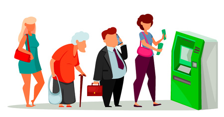 People standing in line and waiting turn to use ATM. Queue to Automated Teller Machine. Vector illustrationのイラスト素材