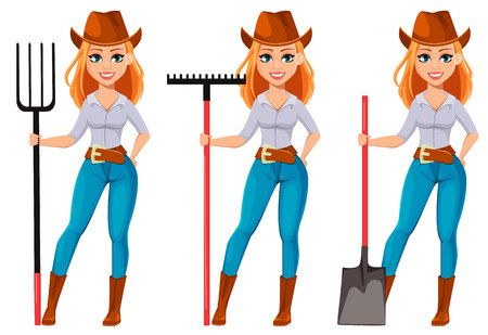 Young pretty farmer woman in cowboy hat. Cheerful gardener woman cartoon character holding gardening equipment. Vector illustration isolated on white backgroundのイラスト素材