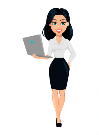 Concept of modern young business woman. Cartoon character businesswoman holds modern laptop. Vector illustration on white backgroundのイラスト素材