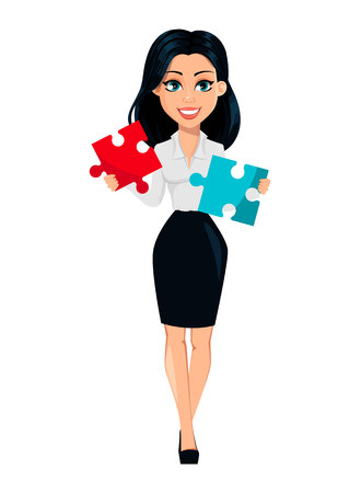 Concept of modern young business woman. Cartoon character businesswoman holds two pieces of puzzle. Vector illustration on white backgroundのイラスト素材
