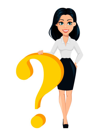 Concept of modern young business woman. Cartoon character businesswoman stands near big question mark. Vector illustration on white backgroundのイラスト素材