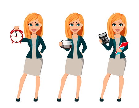 Concept of modern business woman, set of three poses. Cartoon character businesswoman with blonde hair holds alarm clock, holds coffee pot and holds calculator. Vector illustration.のイラスト素材