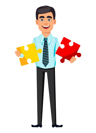 Concept of handsome smiling confident business man. Cartoon character businessman holds two pieces of puzzle. Vector illustration on white backgroundのイラスト素材