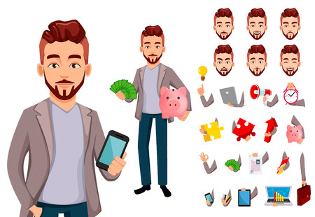 Handsome confident business man, pack of body parts, emotions and things. Cartoon character businessman in casual clothes. Make your personal design. Vector illustrationのイラスト素材