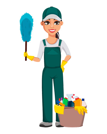 Cleaner woman holds dust brush. Cheerful lady, cartoon character. Cleaning service concept. Vector illustration isolated on white backgroundのイラスト素材