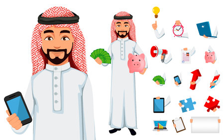 Modern Arab business man, pack with different things. Successful businessman cartoon character. Handsome young male entrepreneur. Vector illustrationのイラスト素材