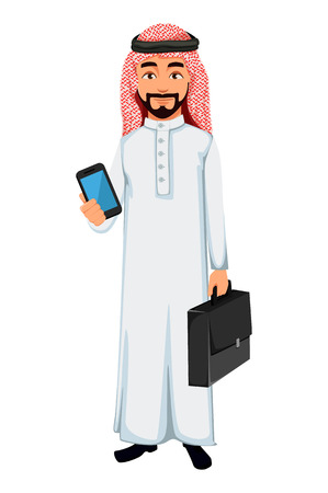 Modern Arab business man holds smartphone and briefcase. Successful businessman cartoon character. Vector illustrationのイラスト素材