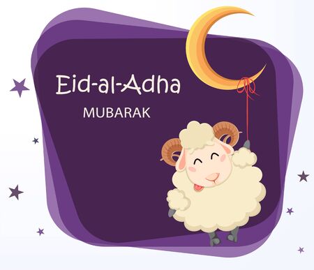 Eid al Adha Mubarak greeting card. Funny cartoon ram hanging on the moon. Traditional Muslim holiday. Vector illustrationのイラスト素材