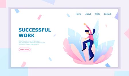 Cheerful businessman rejoices at the achieved goal. Faceless cartoon character, flat style. Usable for landing page of the site, web-page. Vector illustrationのイラスト素材