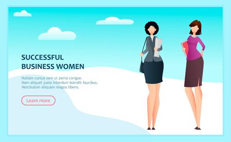 Business women. Two cartoon successful businesswomen, flat style. Landing page concept. Usable for website, homepage. Vector illustrationのイラスト素材