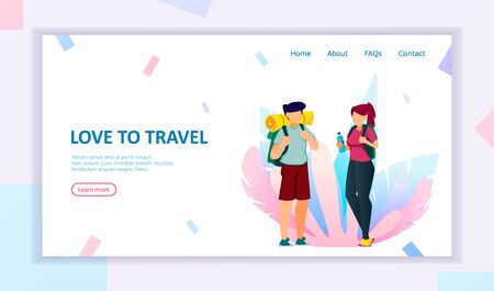Tourist man and tourist woman. Travelers cartoon characters. Love to travel concept. Usable for landing page, website. Vector illustration on light backgroundのイラスト素材