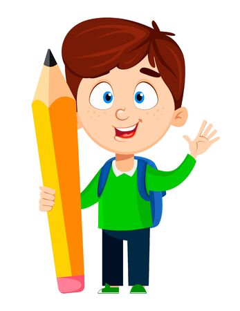 Back to school. Cute boy holding big pencil. Funny cartoon character. Vector illustration.のイラスト素材