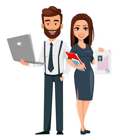 Business man and business woman cartoon characters. Handsome bearded businessman and beautiful cheerful businesswoman. Vector illustrationのイラスト素材