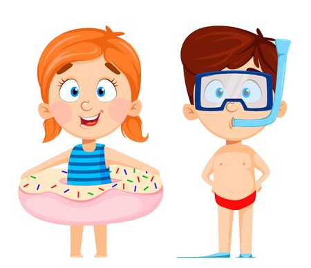 Boy and girl cartoon characters, set of two poses. Cute funny children with inflatable circle and with diving mask and snorkel. Fun concept. Happy kid. Colorful vector illustration.のイラスト素材