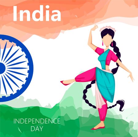 Happy Independence Day of India. Beautiful dancing woman. Vector illustration on background in the colors of national flagのイラスト素材