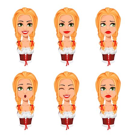 Oktoberfest, beer festival. Face expressions of young sexy lady waitress wearing a traditional Bavarian costume. Different female emotions set. Vector illustrationのイラスト素材
