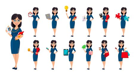 Young beautiful business woman in blue dress. Cute female cartoon character businesswoman, set of thirteen poses. Vector illustration on white backgroundのイラスト素材