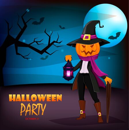 Halloween party invitation. Funny cartoon character Jack O' Lantern with pumpkin instead of head. Vector illustrationのイラスト素材