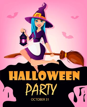 Halloween party invitation, flyer, poster or greeting card. Beautiful lady witch flies on broomstick. Vector illustrationのイラスト素材