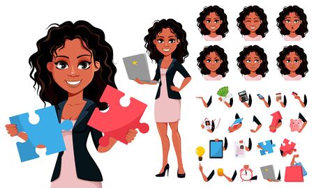 Beautiful young African American business woman in fashionable clothes, pack of body parts, emotions and things. Cute businesswoman cartoon character. Vector illustration.のイラスト素材