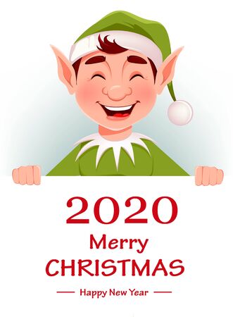 Merry Christmas greeting card with funny Elf. Santa Claus helper Elf standing behind white placard with greetings. Cartoon character. Vector illustrationのイラスト素材