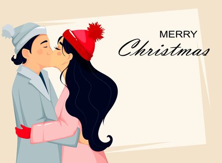 Merry Christmas. Beautiful couple kissing. Man and woman in love, cartoon characters. Vector illustrationのイラスト素材