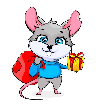 Rat cartoon character holding sack with presents and gift box. Funny rat on white background. Vector illustrationのイラスト素材