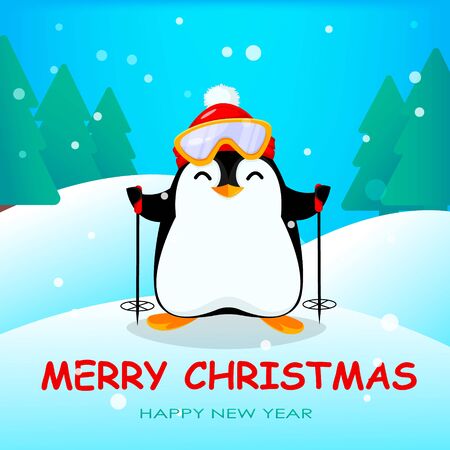 Cute little penguin in winter forest. Funny Christmas penguin cartoon character. Vector illustration.のイラスト素材