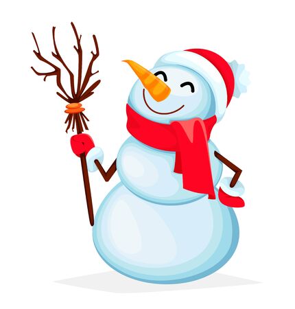 Merry Christmas and Happy New Year. Funny snowman cartoon character. Vector illustration on white backgroundのイラスト素材