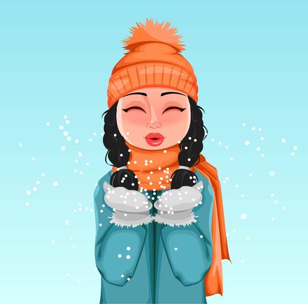 Young cheerful girl in winter clothes playing with snow. Beautiful woman cartoon character. Vector illustration.のイラスト素材