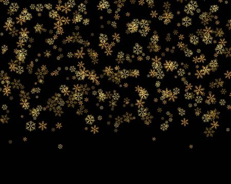 Golden snowflakes falling from the sky. Abstract background for holiday. Merry Christmas and Happy New Year pattern. Vector illustration on black backgroundのイラスト素材