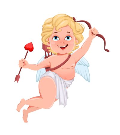 Happy Valentines Day. Funny Cupid with bow and love arrow, cute cartoon character. Vector illustration isolated on white backgroundのイラスト素材