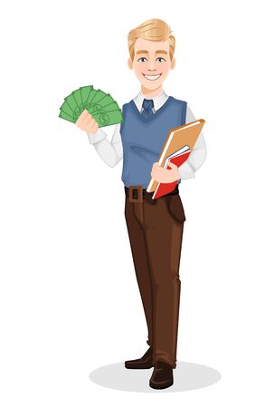 Successful businessman in office style clothes. Handsome blonde businessman holding documents and money. Cheerful cartoon character. Vector illustration on white backgroundのイラスト素材