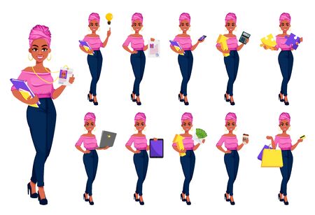 Young beautiful African American business woman, set of eleven poses. Cute business woman cartoon character. Vector illustrationのイラスト素材