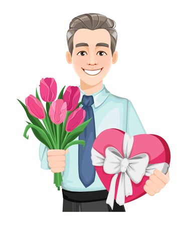 Handsome man with a bouquet of tulips and a gift box. Usable for Valentines day, Women's day etc. Stock vector illustration on white backgroundのイラスト素材