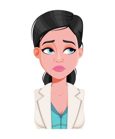 Face expression of beautiful young doctor woman, disappointed. Female emotion. Cute cartoon character. Stock vector illustration isolated on white background.のイラスト素材
