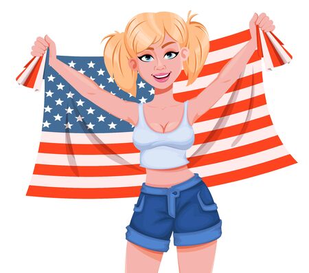 Happy President's day. Beautiful girl cartoon character. Cheerful blonde woman holding USA flag. Stock vector illustration on white backgroundのイラスト素材
