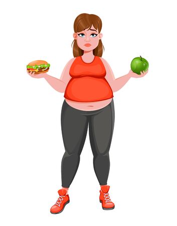 Overweight woman choosing between apple and hamburger. Cartoon character with healthy and unhealthy food. Stock vector.のイラスト素材