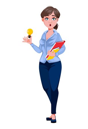 Young beautiful business woman cartoon character having a good idea. Pretty businesswoman. Vector illustration on white backgroundのイラスト素材