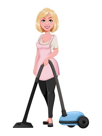 Housewife concept, young pretty stylish woman vacuuming. Beautiful lady cartoon character. Stock vectorのイラスト素材