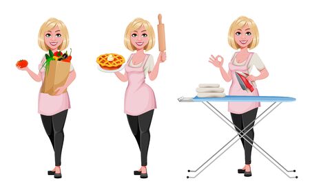Housewife concept, young pretty stylish woman, set of three poses. Beautiful lady cartoon character. Stock vectorのイラスト素材