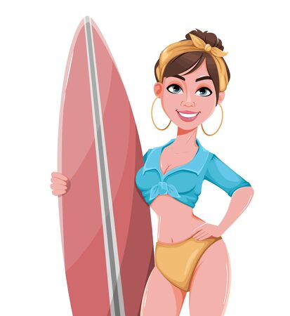 Young beautiful girl with a surfboard. Female surfer cartoon character. Vector illustration on white backgroundのイラスト素材