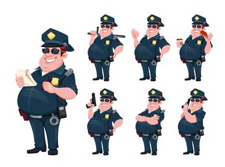 Police officer, set of seven poses. Cheerful cartoon character policeman. Vector illustration on white backgroundのイラスト素材
