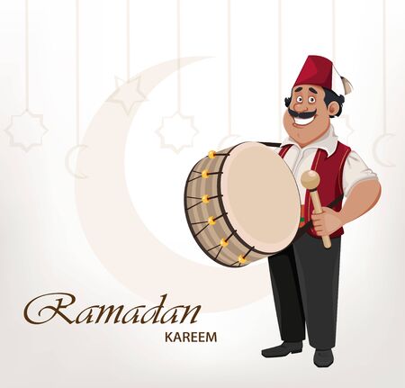 Ramadan Kareem greeting card. Ramadan drummer. Cheerful cartoon character with drum. Vector illustration for holy monthのイラスト素材
